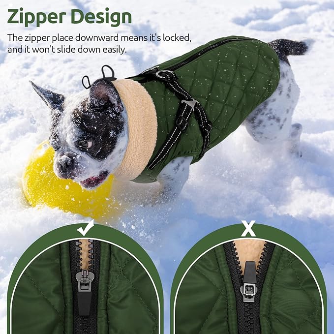 Queenmore Dog Jackets for Large Dogs, Dog Coat with Harness Built-in, Thick Fleece Lining Waterproof Jacket for Large Breeds, Back Zipper Pet Winter Jacket for Retriever, Labrador, ArmyGreen XL