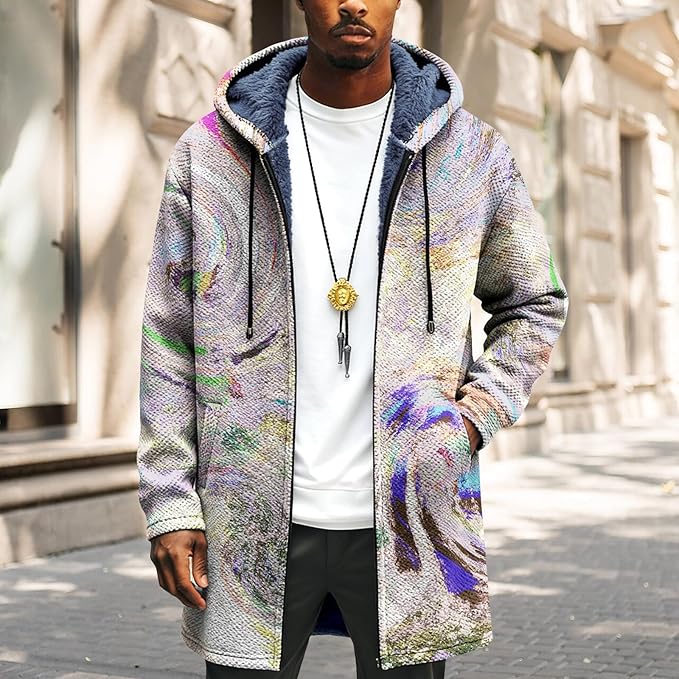 LIZALIG Long Hooded Cardigan Men Japanese Art Style Fashion Cool Graphic Coats Winter Warm Lined Fleece Jacket