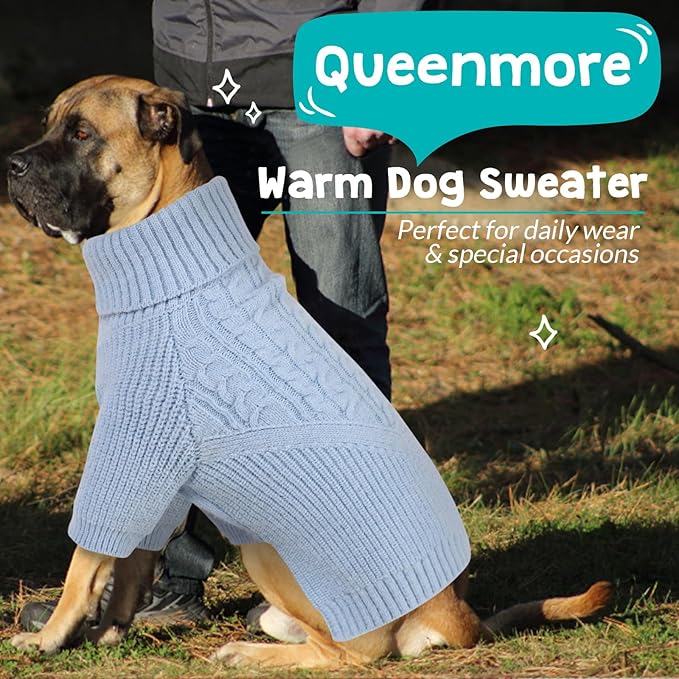 Queenmore Dog Sweater, Puppy Sweater for Small Dogs,Warm Winter Fall Dog Sweaters for Dog Girls Boys, Solid Turtleneck Knit Sweater for Large Medium Dogs,Long Sleeves Christmas Dog Sweater Blue,S