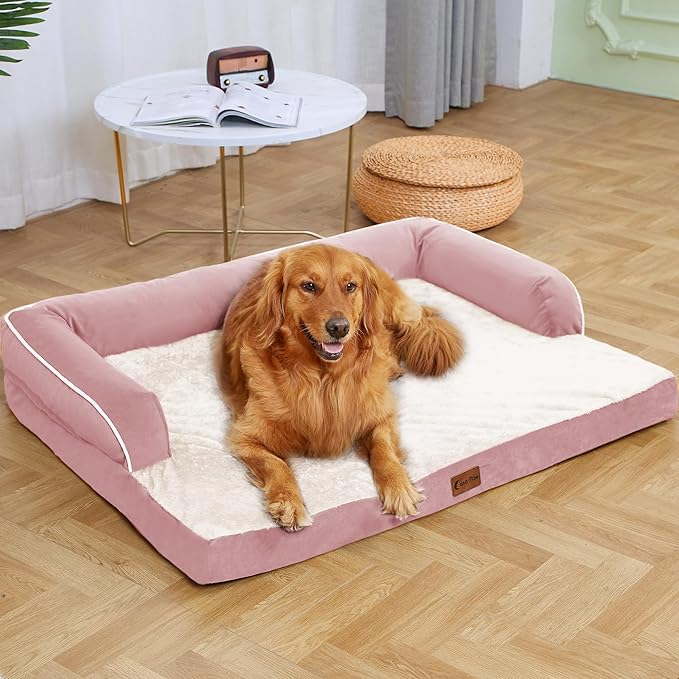 Orthopedic Dog Beds for Large Sized Dogs, Waterproof Egg Crate Foam Large Dog Couch Beds with Comfy Bolster 36x27Inch, Washable Pet Beds with Removable Cover and Nonskid Bottom, Pink