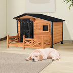 Dog House for Outdoor Use with Matel Frame, Waterproof Design- All-Weather Wooden Kennel with Sliding Window & Metal Frame (Wood, L)