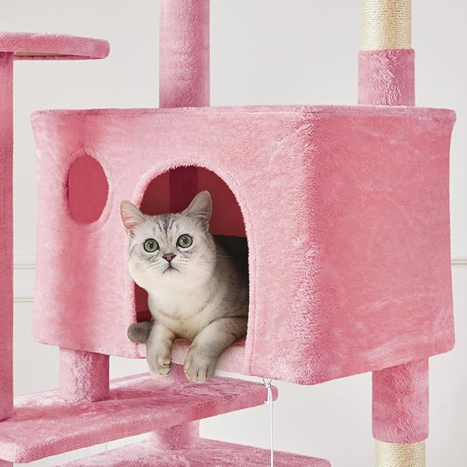 Yaheetech XL Cat Tree, 80in Multi-Level Cat Tower w/Scratching Posts, Double Condo, Perched Platforms and Dangling Balls, Pet Activity Center for Kittens Pets, Pink