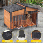 Chew-Resistant Dog House with Metal Frame, Wooden Kennel for Indoor & Outdoor Use, Waterproof Roof & Feeding Bowls Included (Wood, XL-in)