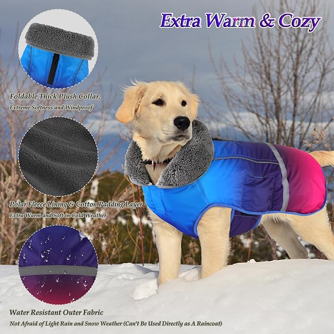 Dogcheer Warm Dog Coat, Waterproof Dog Winter Jacket Christmas Puppy Cold Weather Coats with Buckle, Reflective Adjustable Pet Snow Jacket for Small Medium Large Dogs - Gradient Blue-red, L