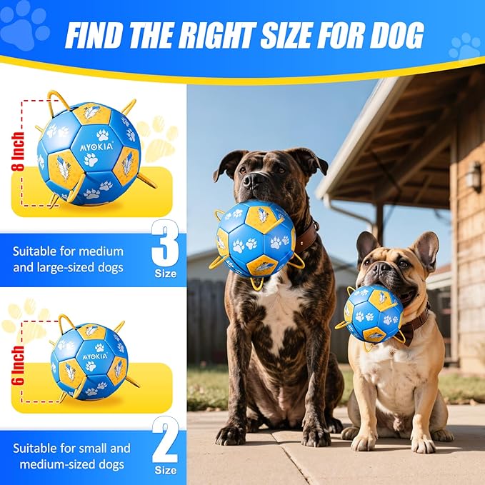 Size 2 Dog Soccer Ball with Straps Durable Training Ball for Pets Interactive Outdoor Dog Toy, Blue & Yellow, Paw Prints and Feather Design, for Small to Medium Puppies