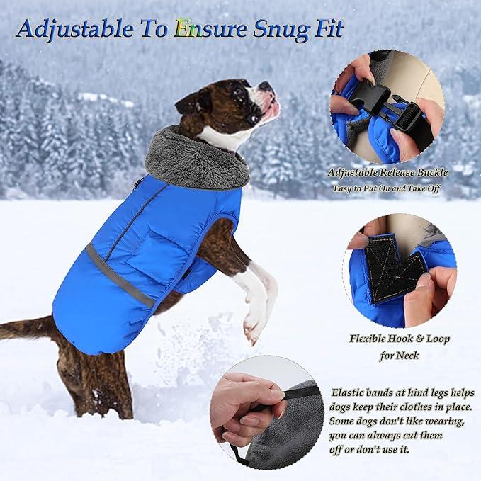 Dogcheer Warm Dog Coat, Waterproof Dog Jacket Christmas Puppy Winter Coat with Buckle, Reflective Adjustable Pet Snow Jacket Turtleneck Fleece Sweater for Small Medium Large Dogs - Blue, L