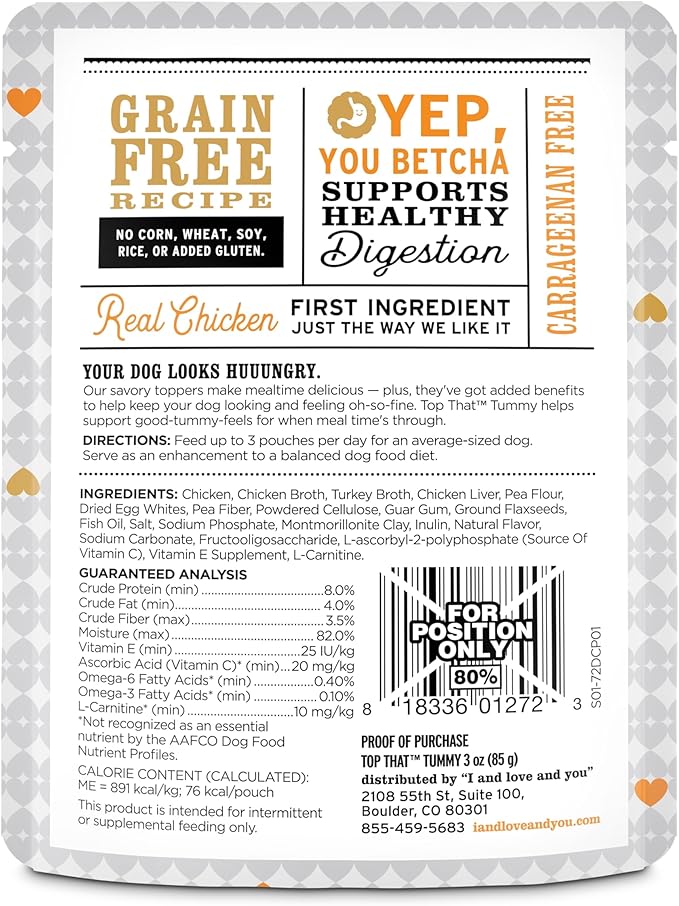 "I and love and you" Top That Tummy Wet Dog Food Pouch, Chicken Recipe In Gravy, 3 oz (Pack of 12)