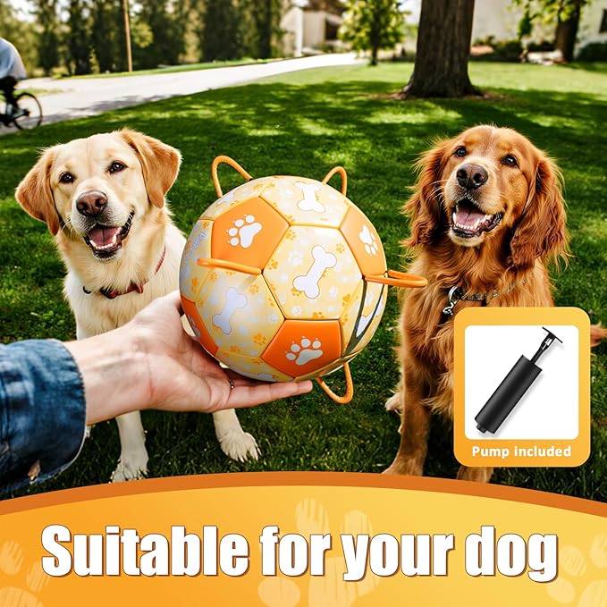 Size 2 Dog Soccer Ball with Straps Durable Training Ball for Pets Interactive Outdoor Dog Toy, Orange & Yellow, Eye-Catching Paw and Bones Design, for Small & Medium Puppie