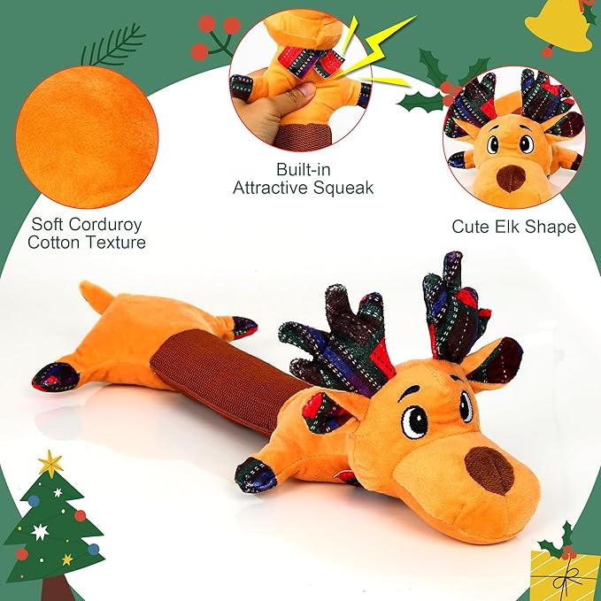IOKHEIRA Christmas Dog Toys Squeaky Plush Crinkle Rope – Interactive Tug-of-War Chew Toy for Small Medium Large Breeds, Cute Holiday Reindeer Gift