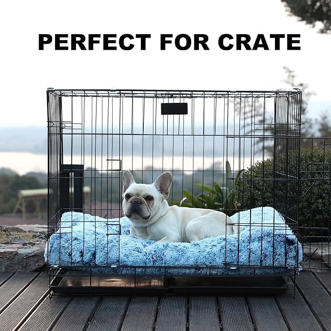 Bedfolks Plush Dog Crate Bed, Washable Cover, Faux Fur, Large, 35"x23", Dark Blue