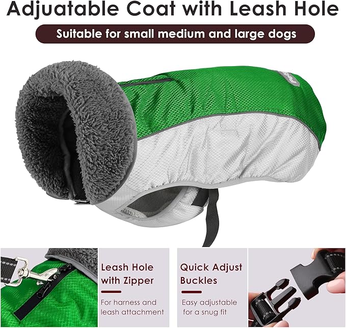 Dog Coat, Waterproof Ripstop Dog Winter Jacket with Leash Hole, Reflective Adjustable Warm Pet Fleece Snow Sweater for Small Medium Large Dogs - Green, XL