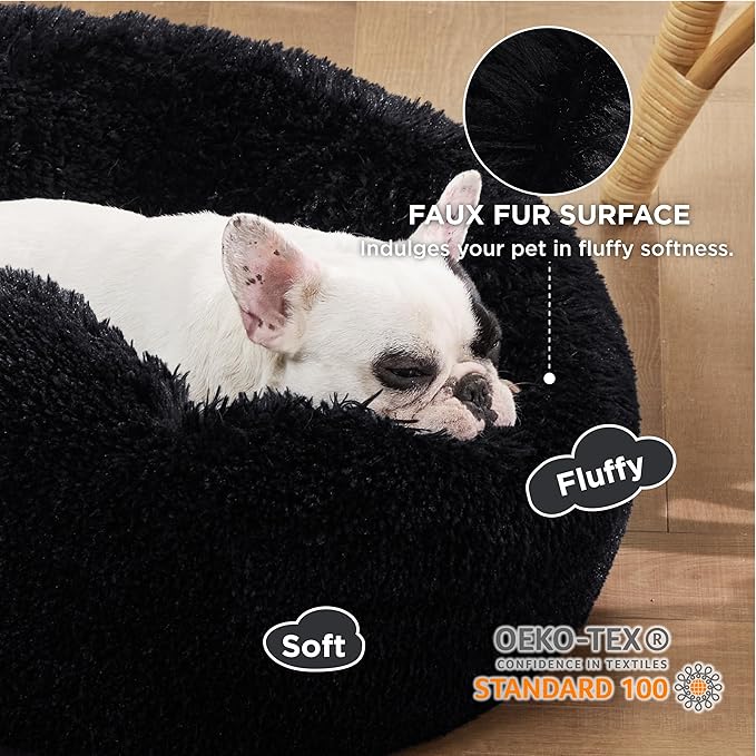 Bedsure Calming Dog Bed for Small Medium Dogs - Donut Washable Medium Pet Bed, 27 inches Anti-Slip Round Fluffy Plush Faux Fur Cat Bed, Black