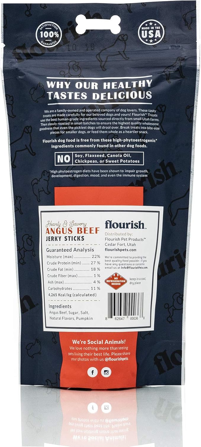 Flourish Pets Angus Beef Jerky Sticks, Dog Treats, Healthy Training Chews (8 Ounces)