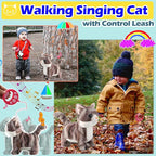 Gray Walking Cat Set Singing That Purrs and Meows Animated Plush Robot Kitten with Leash Moving Plush Stuffed Animal Remote Control Cute Kawai Robotic Kitty Electronic Kitten Toy for Girl Kid