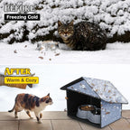 Dreyoo 1 Pack Outdoor Cat Feeding Station for Food & Water, Weatherproof Outdoor Kitty Dining Room Cat Shelter for Stray, Feral Cats and Community Cats, 13”d x 17”w x 15.5'h (Dusty Blue)