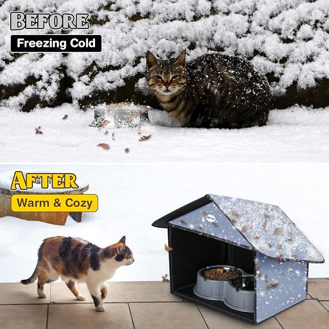 Dreyoo 1 Pack Outdoor Cat Feeding Station for Food & Water, Weatherproof Outdoor Kitty Dining Room Cat Shelter for Stray, Feral Cats and Community Cats, 13”d x 17”w x 15.5'h (Dusty Blue)