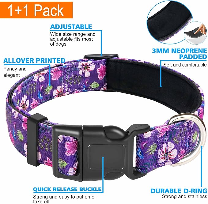 Reflective Dog Collar Padded with Soft Neoprene Breathable Adjustable Nylon Dog Collars for Small Medium Large Dogs (Medium (Pack of 1), Purple/Pink Floral Collar+Leash)
