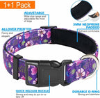 Reflective Dog Collar Padded with Soft Neoprene Breathable Adjustable Nylon Dog Collars for Small Medium Large Dogs (Medium (Pack of 1), Purple/Pink Floral Collar+Leash)
