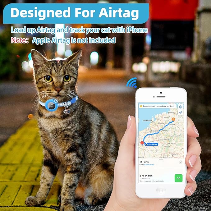 PUPTECK Airtag Cat Collar Breakaway 2 Pack with Bells, Reflective Kitten Collar with Air Tag Holder for Boy Girl Kitty and Puppies, Soft, Navy Blue & Light Blue