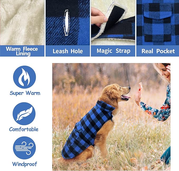 Malier Plaid Fleece Dog Coat Jacket with Pocket - Windproof Warm Winter Pet Apparel for Small, Medium, Large Dogs (Blue, Small)