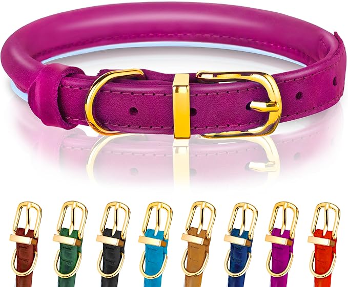 OOPSDOGGY Reflective Rolled Leather Dog Collar Adjustable Soft Padded Pet Collar for Small Medium Large Breed Dogs (Pink, L, 14"-18")