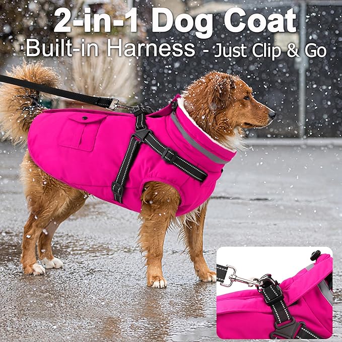 Dogcheer Dog Coat with Harness, Waterproof Warm Dog Winter Jacket with Pockets, Reflective Pet Fleece Jacket Turtleneck Snowsuit for Small Medium Large Dogs - Pink, XS