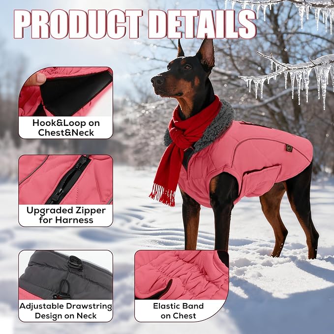 EMUST Thick Winter Dog Coat for Medium Boys with Harness Hole - Cold Weather Clothes, Pink, M
