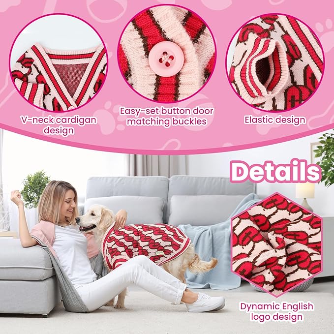 Pet Sweaters for Dogs Boys and Girls, Dynamic Letter Patterned Dog Sweater,Dog Cardigan,Pet Clothes,Pet Knitted Clothing,Fit for Different Seasons and Kinds of Dogs (Pink S)