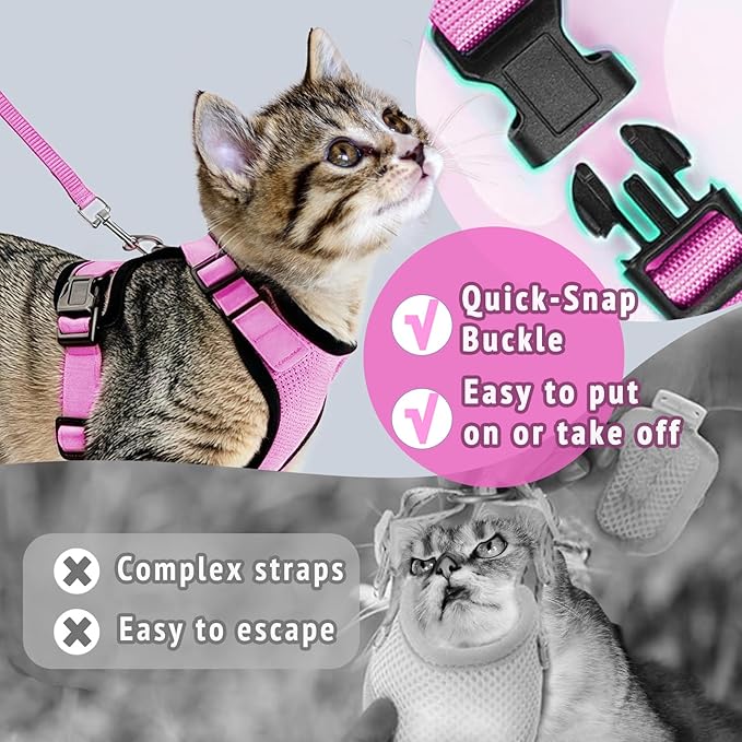 Cat Harness and Leash Set,Escape Proof Adjustable Cat Harness,Soft and Breathable Kitten Harness and Leash with Reflective Strips for Walking and Traveling(Pink, Small(8.9-16.6lb))