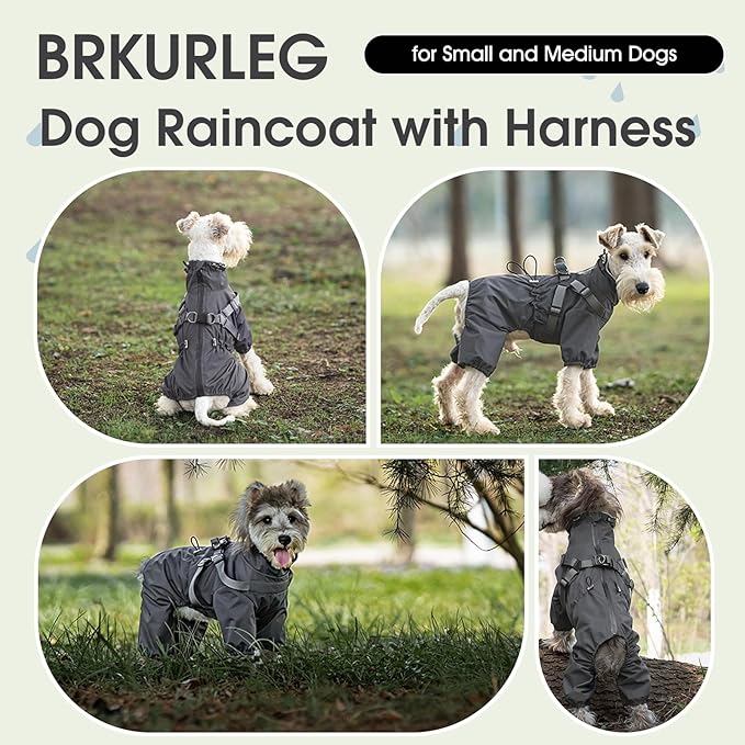 BRKURLEG Dog Raincoat with Harness for Small and Medium Dogs, Adjustable Waterproof Dog Rain Jacket, Reflective Rainproof Puppy 4 Legs Raincoat, Full Body Pet Rain Jacket, Dark Grey, XXXL