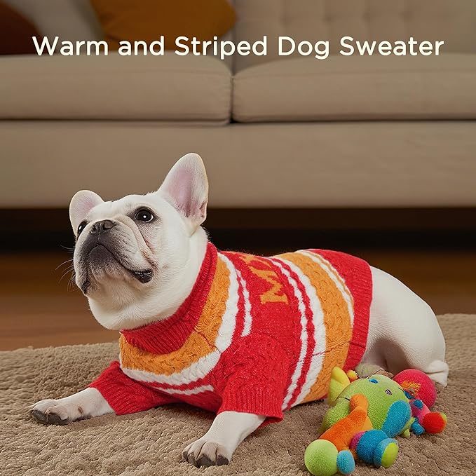 Dog Sweater for Small Medium Dogs & Cats, Classic Turtleneck Knitted Striped Pet Sweater, Warm Winter Soft Christmas Outfit for Boy & Girl Dogs, Small