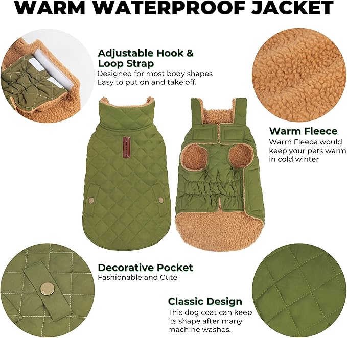 Dog Winter Coat, Warm Dog Jacket Windproof Waterproof Pet Cold Weather Coats for Small Dogs, Turtleneck Fleece Lined Dogs Clothes with Leash Hole, Green Medium
