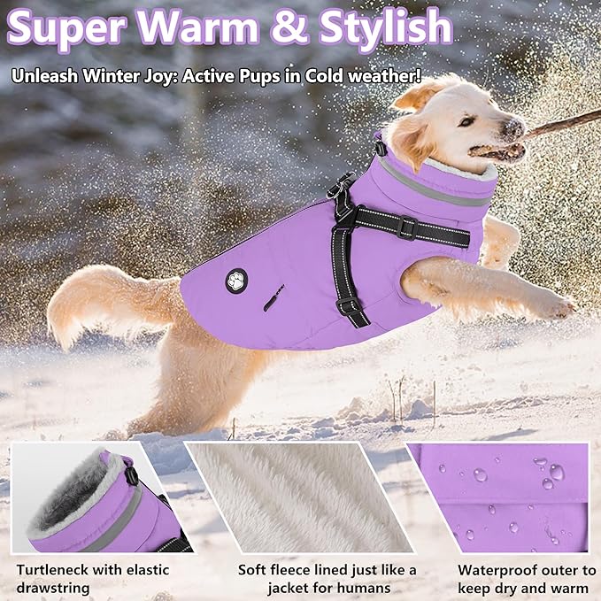 Dogcheer Dog Coat with Harness, Waterproof Dog Jacket, Reflective Puppy Winter Jacket with Pocket, Doggy Turtleneck Fleece Vest for Small Medium Large Dogs - Taro Purple, XS