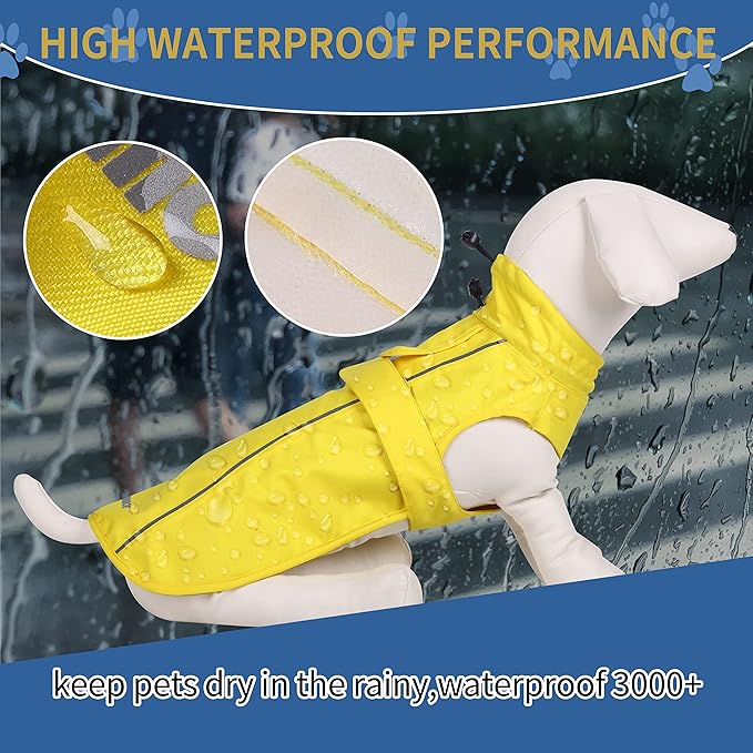 Waterproof Dog Raincoat with Reflective Strip, Adjustable Breathable Rain Coat Jacket with Leash Hole for Dogs (Yellow, Large)