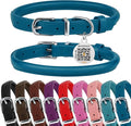 BRONZEDOG Rolled Leather Dog Collar for Small Medium Large Dogs with QR ID Tag (M: 14-16 Inch, Ocean Blue)