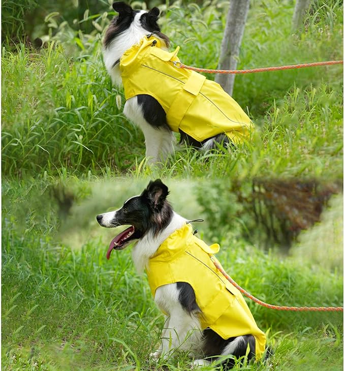 Waterproof Dog Raincoat, Adjustable Lightweight Dog Rain Jacket with Reflective Strip Leash Hole for Small Medium Large Dogs (Yellow, X-Large(37-55lb))