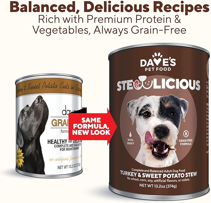 Dave's Pet Food Stewlicoius Grain Free Wet Dog Food (Turkey & Sweet Potato in Gravy), Made in USA Naturally Healthy Canned, Gluten Free Topper, 13.2 oz (12 Pack)