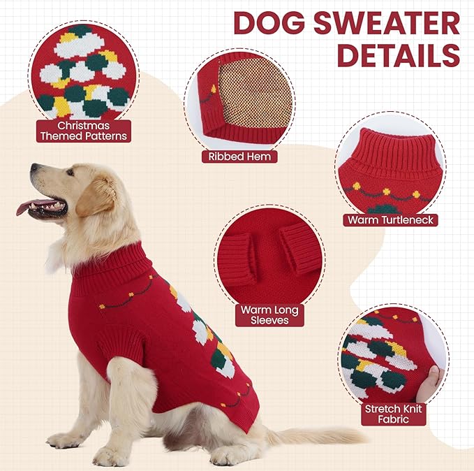 BRKURLEG Christmas Dog Sweaters for Cold Weather, Soft Warm Turtleneck Sweaters for Medium Dogs, Xmas New Year Pet Pullover Knitted Sweatshirt Outfit for French Bulldog,Pug (Red, M)
