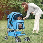 FDW Pet Stroller 4-Wheel Dog Cat Stroller Travel Folding Carrier Puppy Stroller with Cup Holder and Removable Liner for Small Medium Dogs Cats, Blue