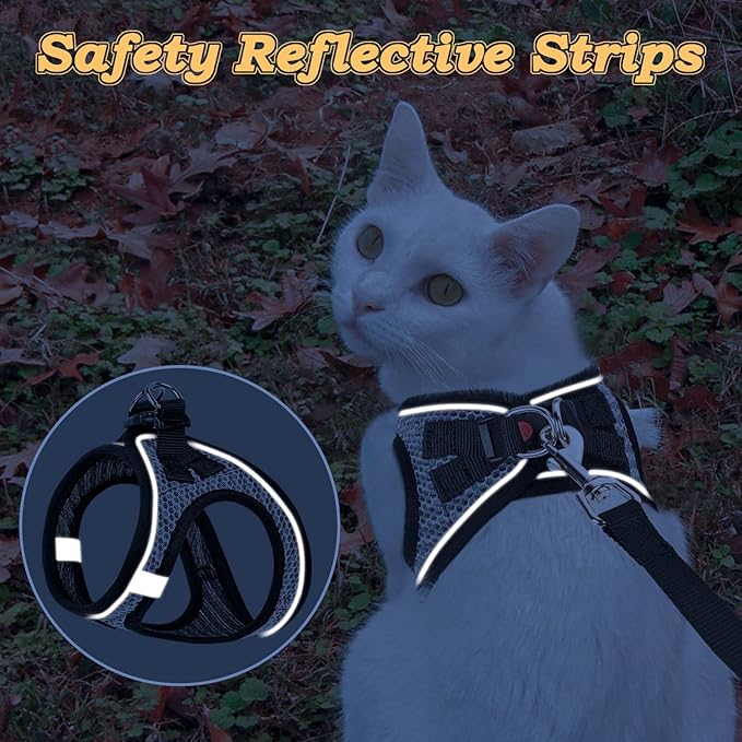 Cat Harness and Leash for Walking Escape Proof, Adjustable Kitten Vest Harness Reflective Soft Mesh Puppy Harness for Outdoor, Comfort Fit, Easy to Control (Gray, XXS)