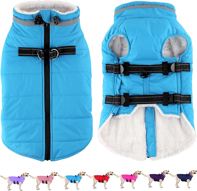 Dogcheer Dog Coat with Harness, Waterproof Dog Jacket Adjustable Pet Winter Coat with Zipper, Christmas Puppy Snow Jacket Fleece Sweater for Small Medium Large Dogs - Sky Blue S