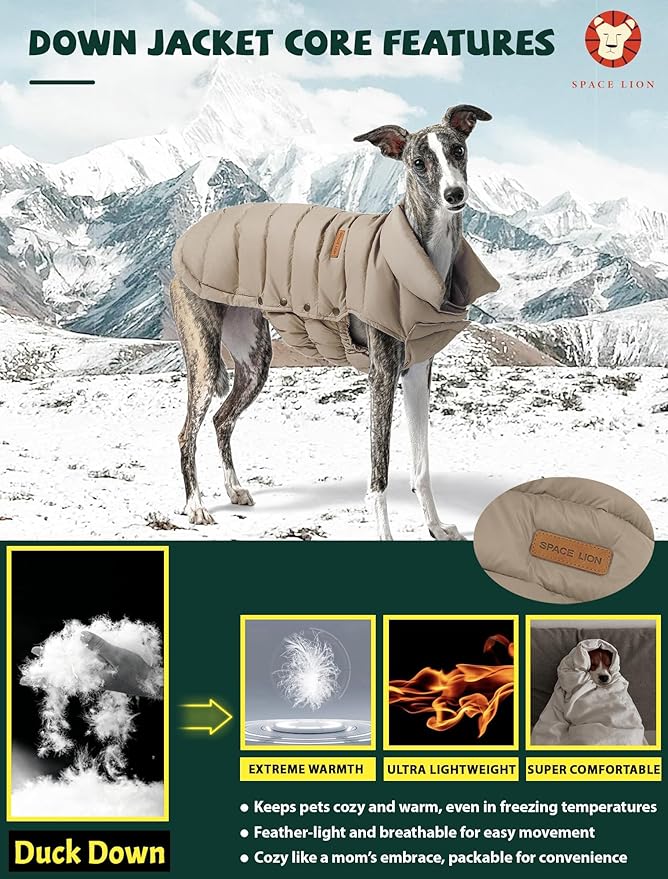 SPACE LION Dog Puffer Jacket, Down Winter Coat, Durable Outdoor Coat for Cold and Windy Conditions, Waterproof, Lightweight Jacket, Adjustable Fit for Small, Medium, Large Dogs(Khaki,28/4XL)