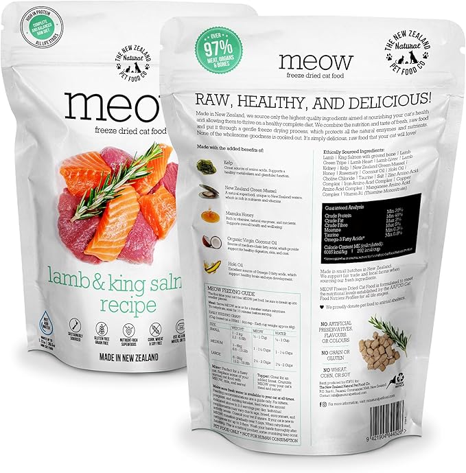 The New Zealand Natural Pet Food Co Meow Freeze Dried Cat Food - Lamb & King Salmon Recipe,High Protein Treats,Meals & Toppers,Dry Cat Food,9.9oz