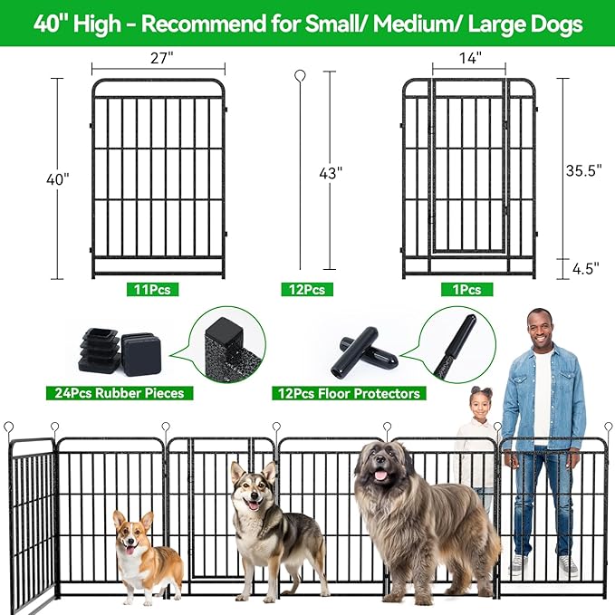 Square Steel Pipe Dog Fence Outdoor 12 Piece Panels 40" Height Anti-Rust Heavy Duty Dog Playpen with Doors Portable for Yard RV Camping, Total 27FT, 57 Sq.ft, Snowy Black