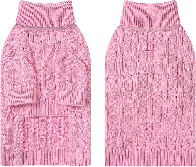 Small Dog Thermal Pullover Sweater, Classic Turtleneck Cable Knitwear Dog Clothes for Cold Weather Warm Pet Clothes for Chihuahua, Bulldog, Dachshund, Pug Pink Medium
