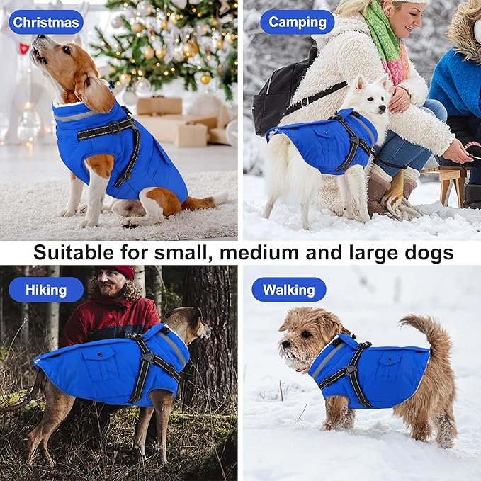 Dogcheer Dog Coat with Harness, Waterproof Warm Dog Winter Jacket with Pockets, Reflective Pet Fleece Jacket Turtleneck Snowsuit for Small Medium Large Dogs - Blue, 2XL