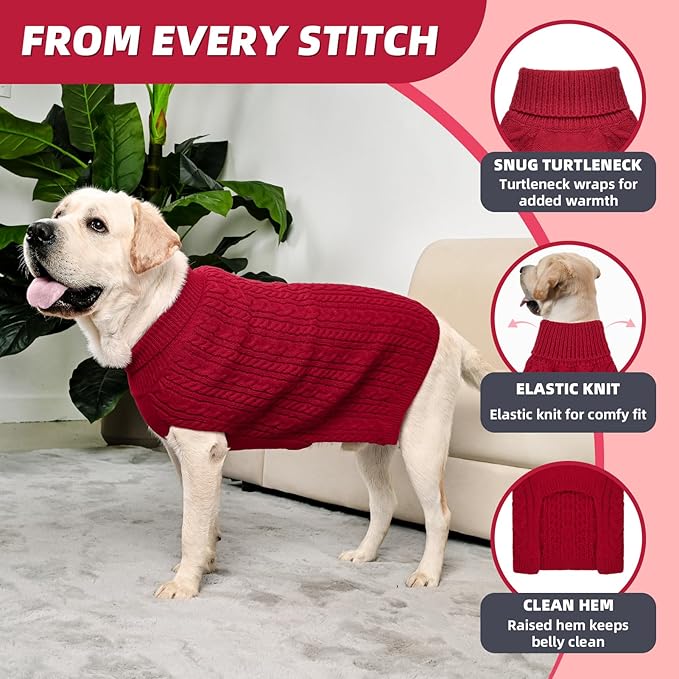 2 Pack Dog Sweaters for Big Dogs Turtleneck Pullover Cable Knit Large Size Stretch Clothes Pitbull Labrador Bulldog Doberman Boy Girl Pets Winter Clothes (XL, Red & Green)