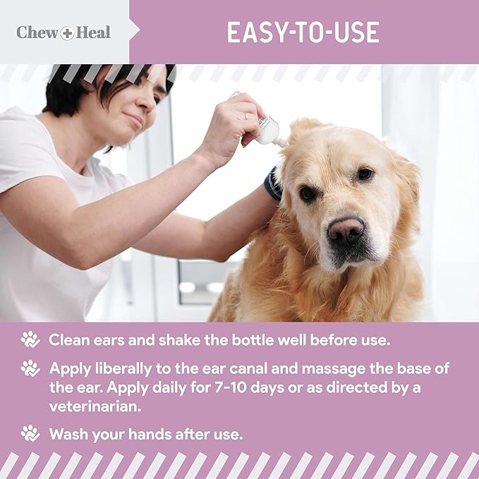 Chew + Heal Labs Dog Ear Cleaner - OTIC Medicated Dog Ear Buildup Drops for Dirt and Wax - 4 oz Advanced Flush with Chlorohexidine and Ketoconazole - Made in The USA
