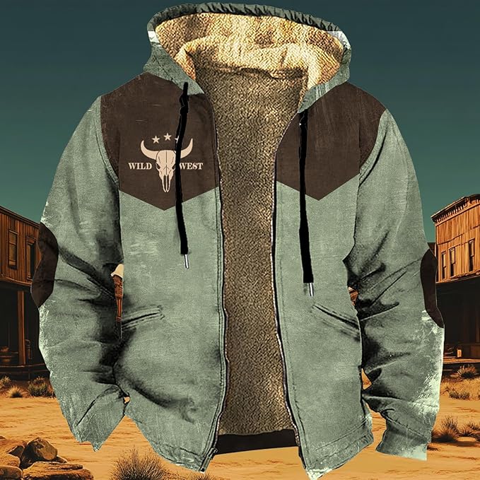 Men's Western Aztec Jackets Hooded Cowboy Hoodie Warm Full Zip Ethnic Vintage Long Sleeve Coat Fall Winter Tops
