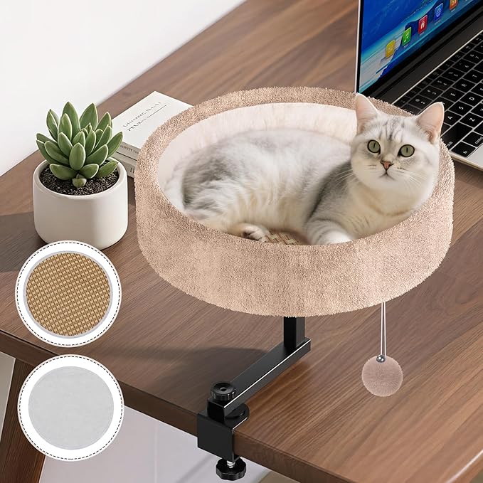Cat Desk Bed - 360° Rotating & Adjustable, Supports 44 lbs, Soft Faux Fur with Dual-Sided Reversible Mat, Modern Indoor Cat Nest Furniture for Office Desks and Game Tables, Island Table
